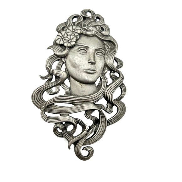 Vintage Signed JJ Pewter Pin Lady Brooch Woman Face Art Nouveau Inspired Design - Picture 1 of 7